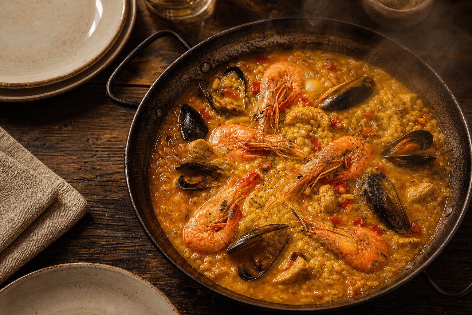 Arroz caldoso con gambas y mejillones recién servido